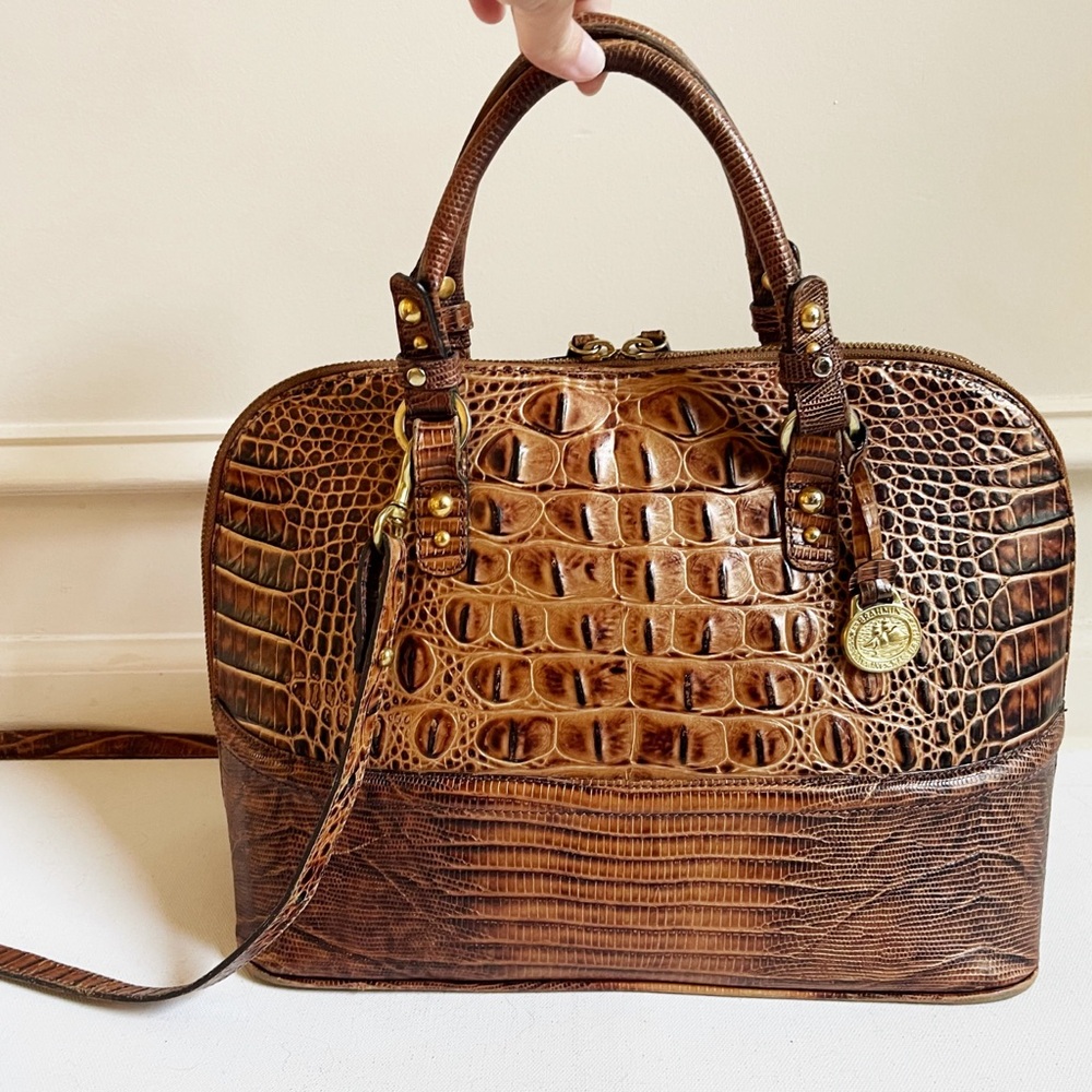 BRAHMIN Vintage Rare 25th Anniversary Croc Embossed Tote Crossbody Bag Pecan - Picture 2 of 12